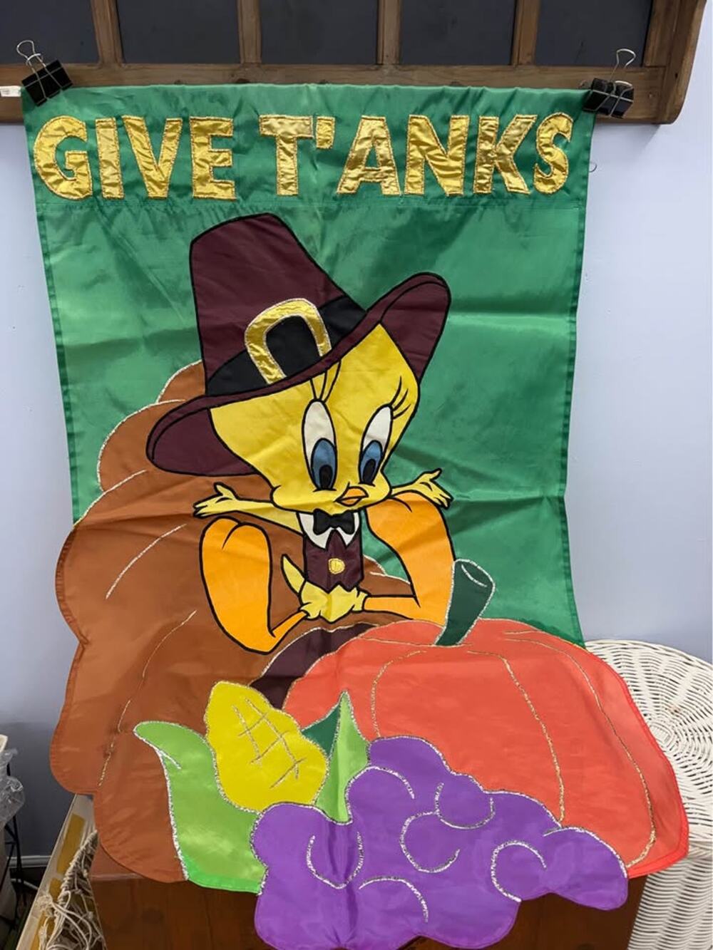 Vintage Loony Tunes Tweety Bird Thanksgiving Day Garden Flag 45"x28" Give Thanks